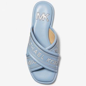 Michael Kors Gideon Embellished Faux Leather Slide Sandal - Chambray - Sz 10